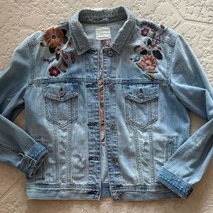 American Eagle Outfitters Blue Denim Jacket with Floral Embroidery